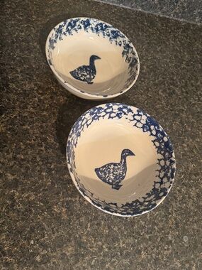 Blue and White Ceramic Goose Bowls - Set of 2